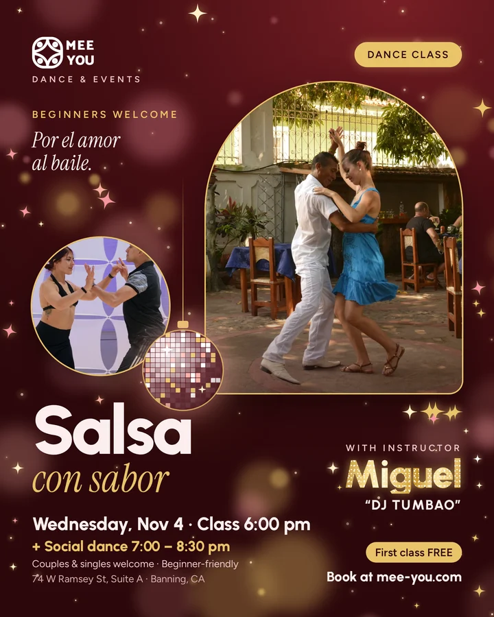 Salsa con sabor dance class with instructor Miguel DJ Tumbao. Wednesday, Nov 4, class 6:00 pm, social dance 7:00 to 8:30 pm. Beginners welcome, couples and singles welcome. First class free. 74 W Ramsey St, Suite A, Banning.